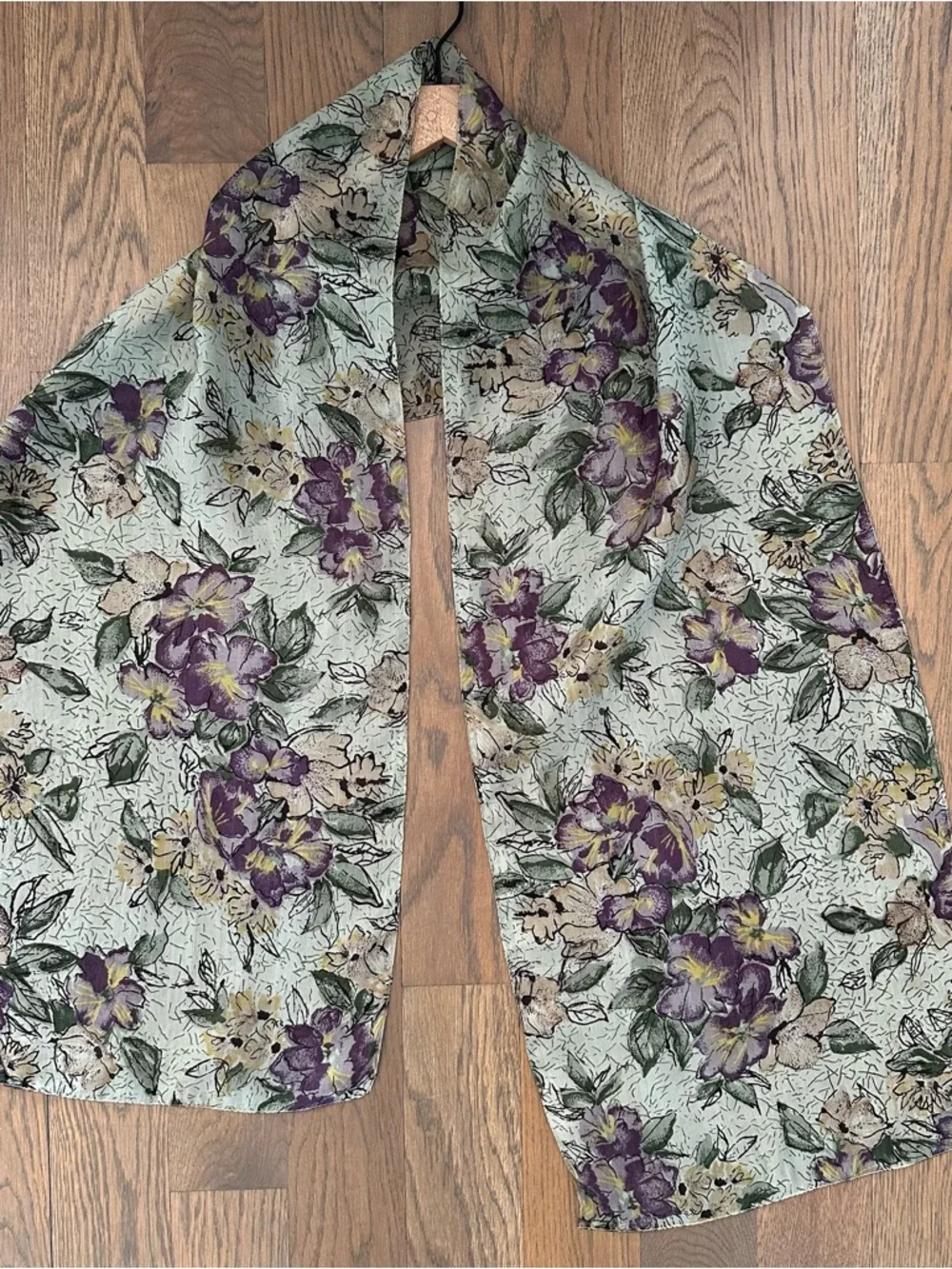 Vintage Floral Print 100% Silk Oblong Scarf in Sage Green, Black, Purple, 65